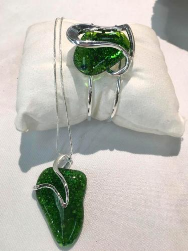Green Bubble Bangle and Pendant. One of a kind